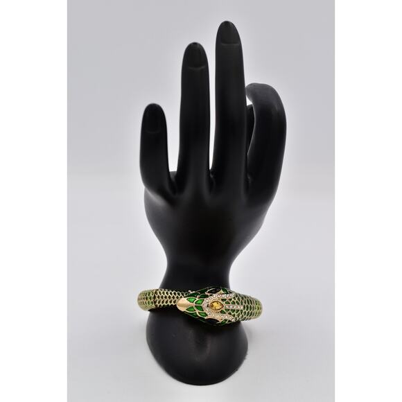 Vintage Green Enamel Snake Bracelet Rhinestone Eyes Hinged Gold Serpent 90s BinO - Picture 6 of 12